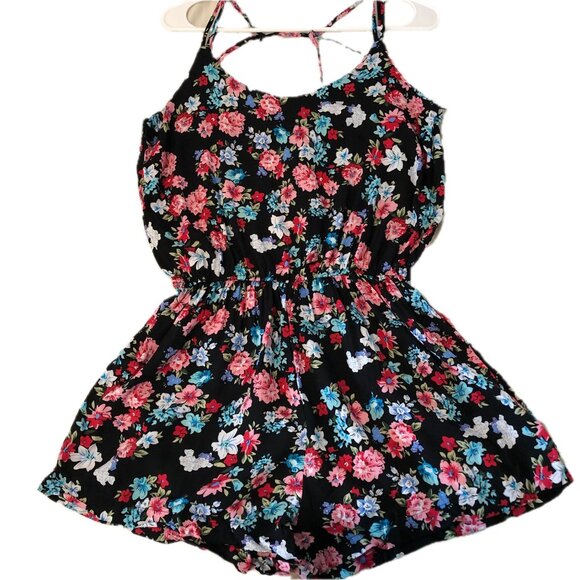 Shosho Women's Floral Print Short Romper Strappy Back Spaghetti Straps  Sz L - Picture 1 of 8